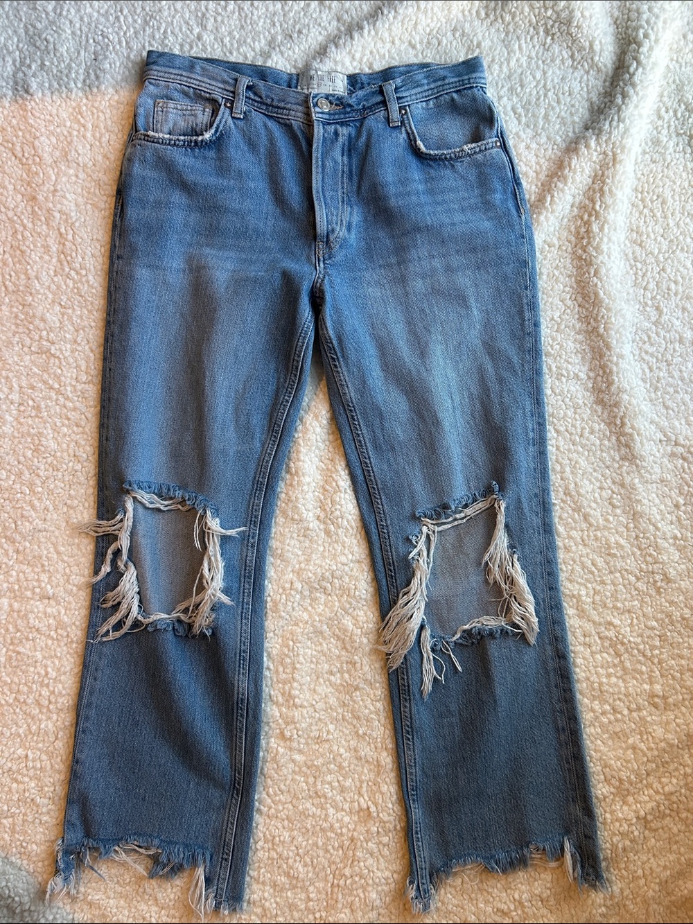 Free People We The Free Blue Straight Leg Distressed Jeans